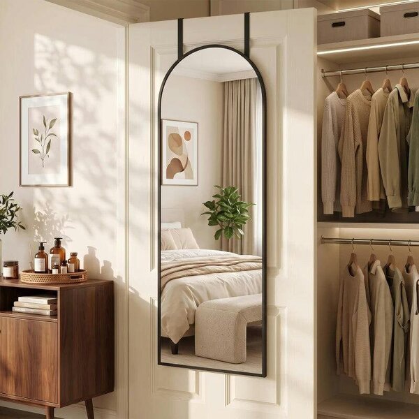 40 x 110 cm Full Length Hanging Mirror, Arched Mirror with Adjustable Hooks, Over-the-Door or Wall-Mounted, Black