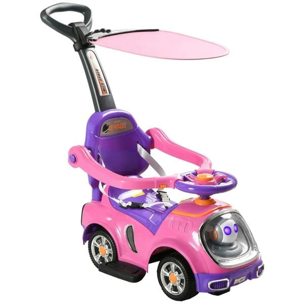 Pink 3-in-1 ride-on push car toy with robot face, handle, and horn