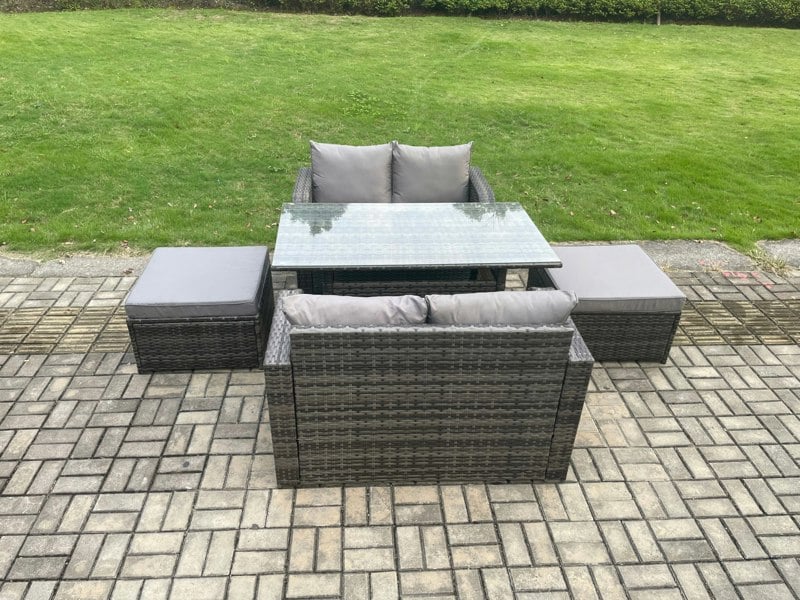 Fimous Garden Patio Furniture Wicker Rattan Oblong Rectangular Dining Table and Loveseat Sofa set with 2 Big Footstool Dark Grey Mixed