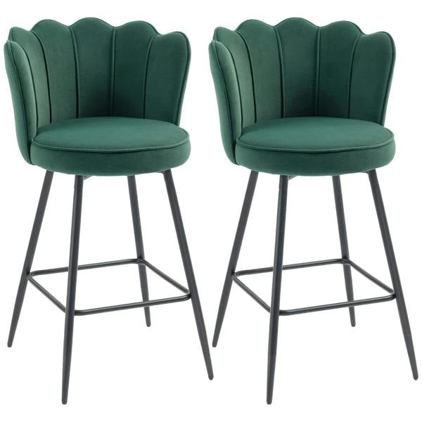 Set of two dark green velvet-look bar stools with tufted back and black metal legs