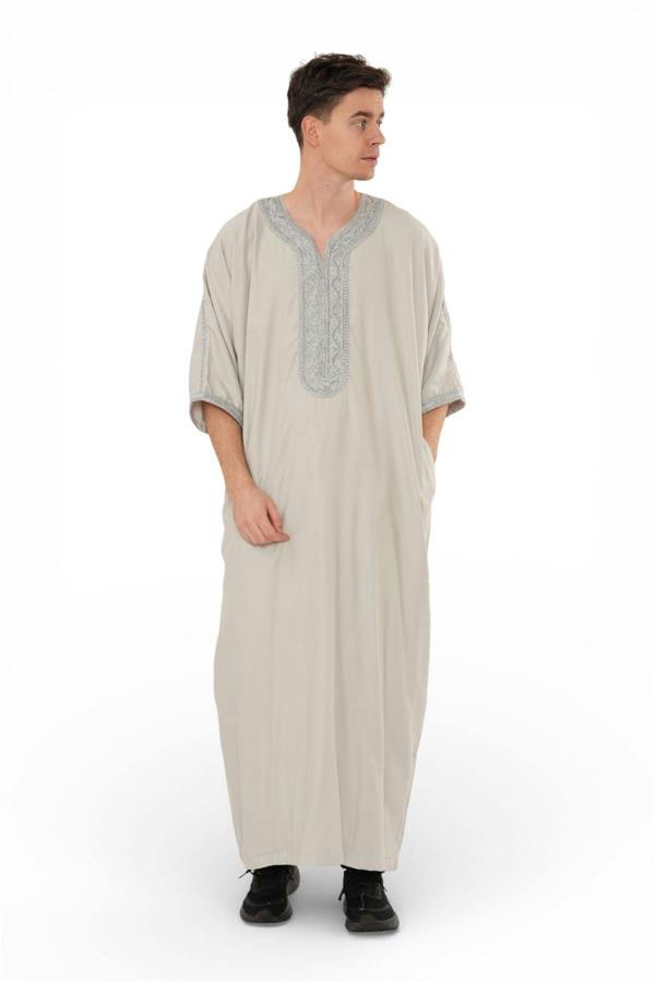 Infinity Leather Men's Moroccan Thobe Robe Djellaba Arab Short Sleeve Embroidery Gandoura Jubba