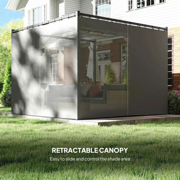 Grey retractable canopy metal pergola with curtains providing covered privacy