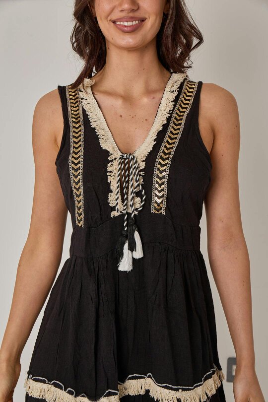 Elaina Fashion Boho Tiered Tassel Detail Dress - Black