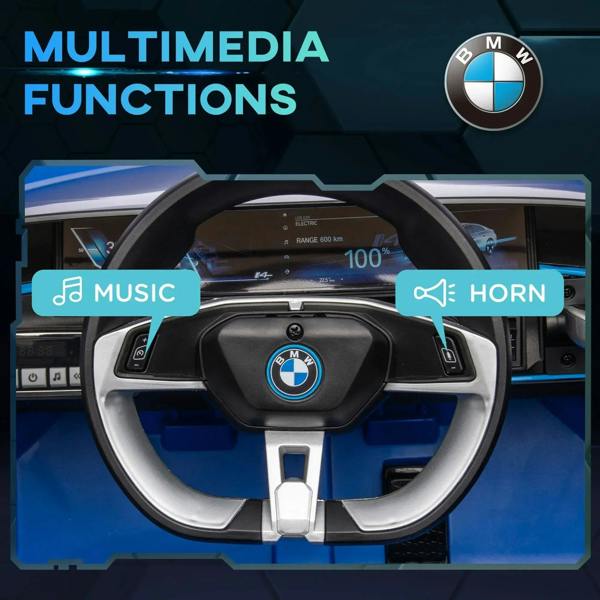 Kids electric ride-on car interior with steering wheel showing BMW emblem and control icons.
