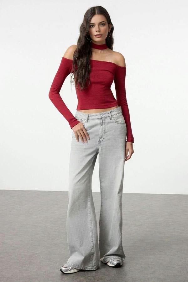 WOVCOR Choker Detailed Fitted Crop Ribbed Knit Blouse