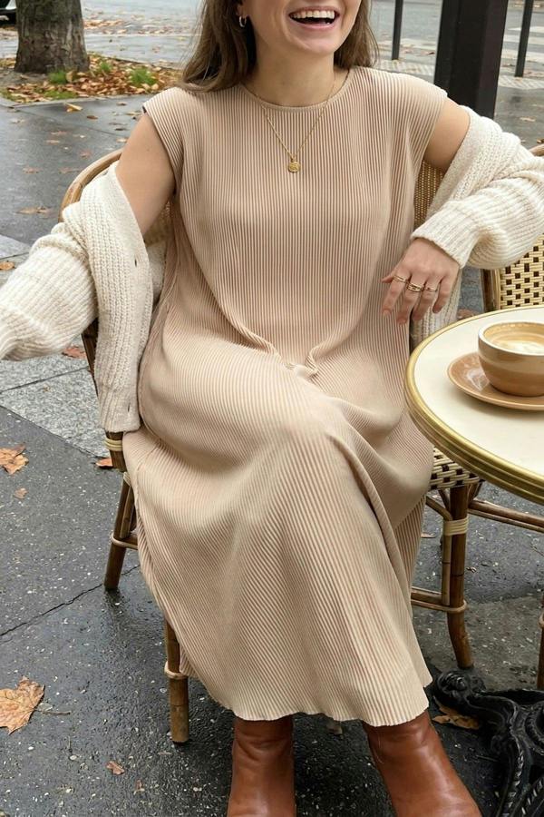 Sarina Pleated Cap Sleeve Maxi Dress - Beige