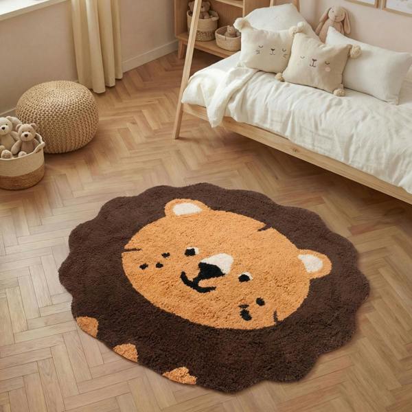 Children's room with a lion-shaped rug on a wooden floor.