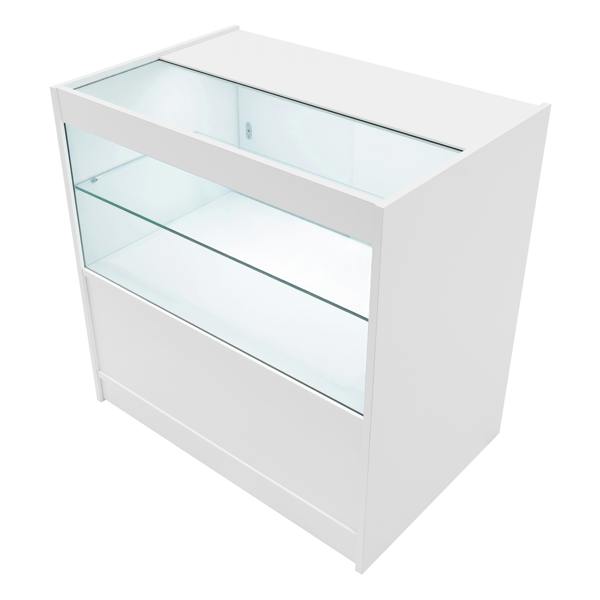 White Phoenix LED shop counter set featuring a sleek design, glass display shelves, and a spacious storage drawer for organization