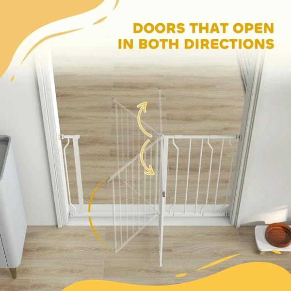 White dog safety gate with door opening in two directions illustration