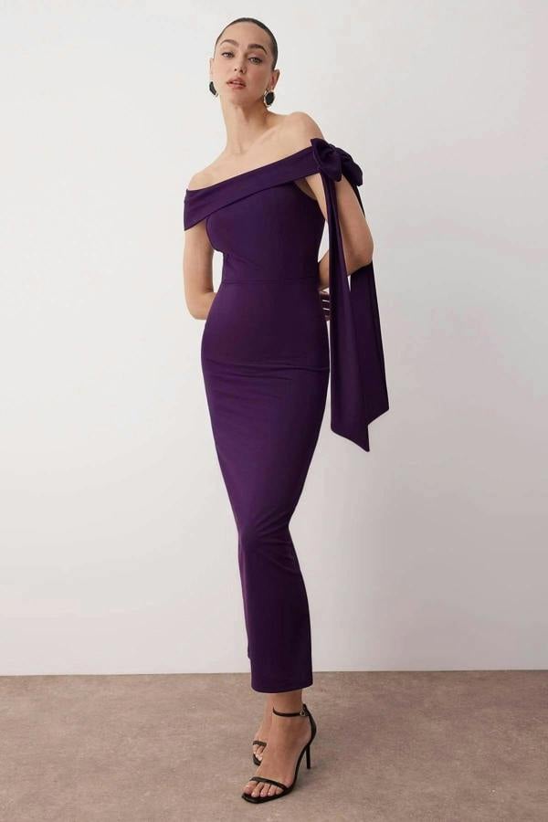 Hoxton Gal Elegant Fitted Knit Evening Dress with Shoulder Bow Detail