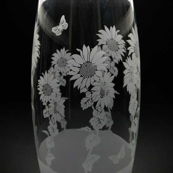 Glyptic Glass Art Sunflower Glass Botanica Vase - Hand Etched/Engraved Gift