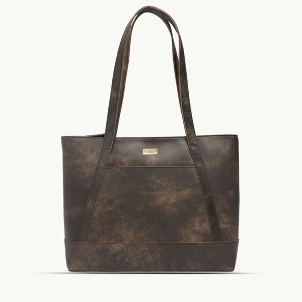 Assots London 'EVELYN' Brown Crazy Horse Distressed Real Leather Designer Tote Work Bag