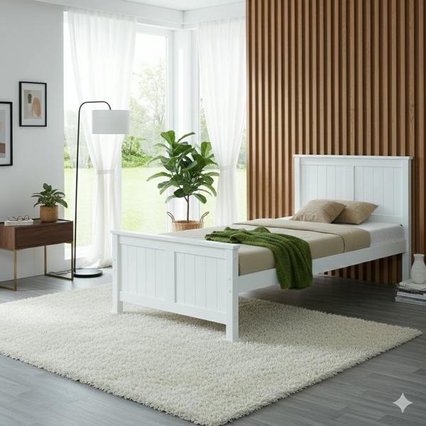 Mission TM Madrid Solid Pine Bed Frame, Panelled Headboard, White, 4 Sizes