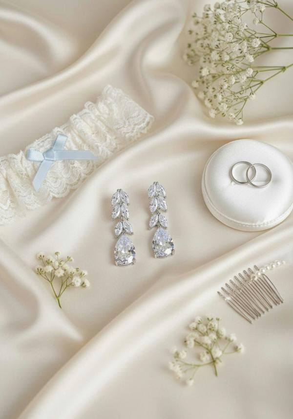 Wedding accessories with silver teardrop earrings in the centre on a satin surface with baby's breath flowers.