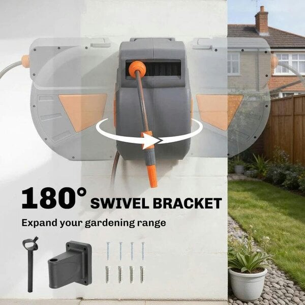 Bobobiy Retractable Hose Reel Wall Mounted, 20+1.6m Garden Hose Pipe Reel with Auto Retraction, Self-Locking, Orange