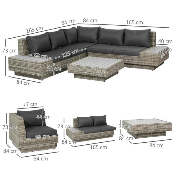 Light grey sectional rattan sofa set with coffee table and corner modules, size diagram