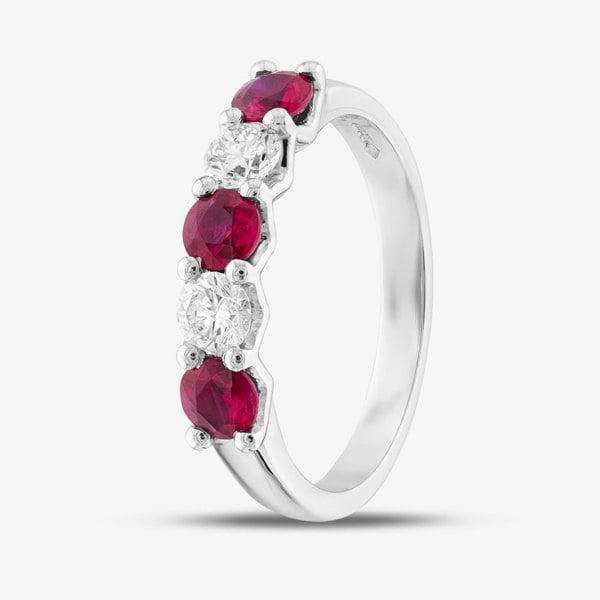 T. H. Baker Platinum Silver 0.82ct Brilliant Cut Ruby & 0.40ct Diamond Five Stone Ring 32707