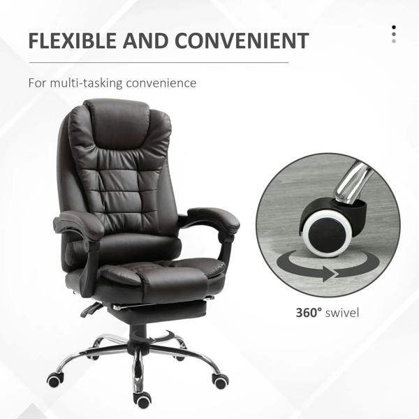 Executive swivel office chair with thick cushioning and curved armrests, dark PU leather