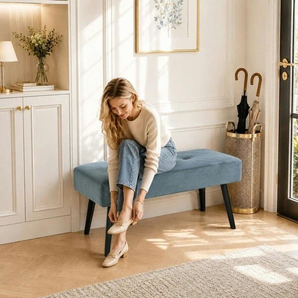 Upholstered Bedroom Entryway Bench, Modern Corduroy Tufted End of Bed Bench with Padded Seat and Steel Legs, Blue