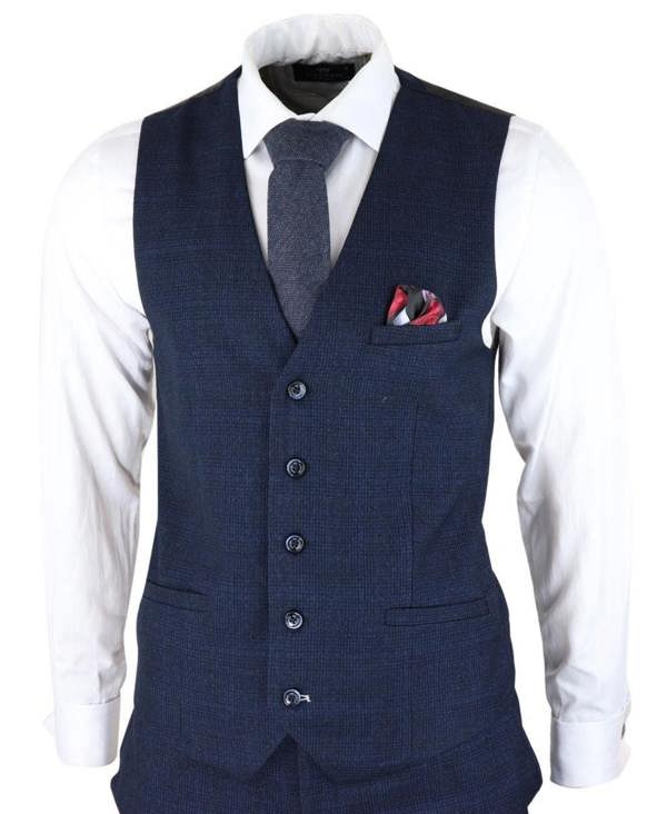 House of Cavani Mens 3 Piece Navy Blue Check Tweed Retro Classic Suit