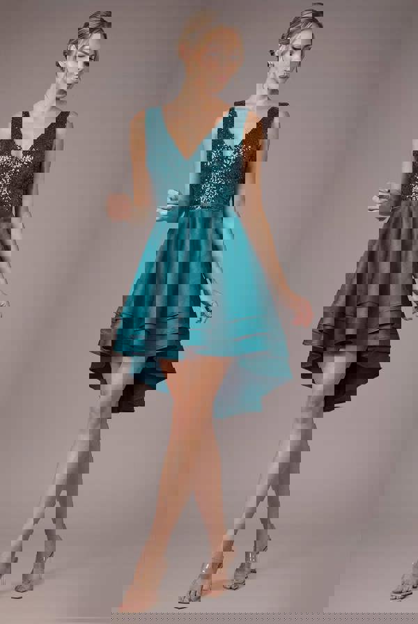 Sequin And Satin Tiered Hi-Low Mini Skater Dress - Emerald Green DR1317PB
