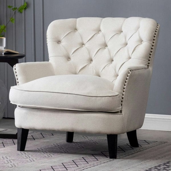Modern Beige Club Chair Button Tufted Accent Chair Wingback Chairs Living and Home Beige