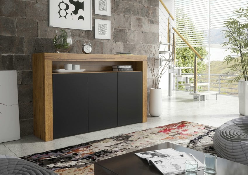 Mex Furniture Modern Sideboard 155cm – Oak Matt Body with Black Matt Doors