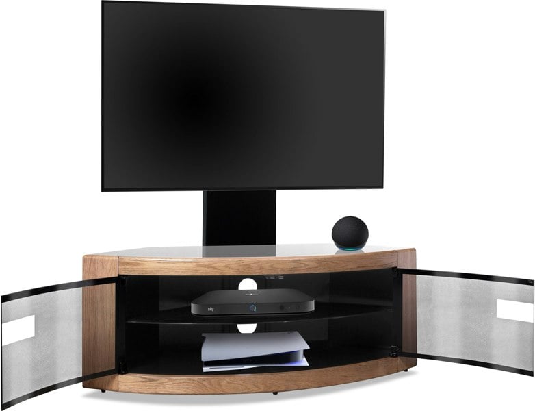 Centurion Supports PANGEA Black/Oak Beam-Thru Curved True-Corner 32"-50" TV Cabinet with Mounting Arm