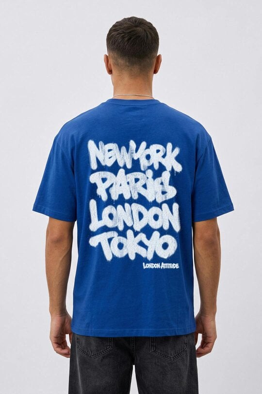 London Attitude Oversized Heavyweight City Graffiti Graphic T-Shirt - Royal Blue