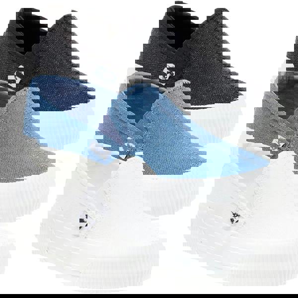 Rocket Dog Cheeryful Womens Slip On Casual Trainers Shoe, set of three slip-on sneakers in black, blue, and white with white rubber soles.