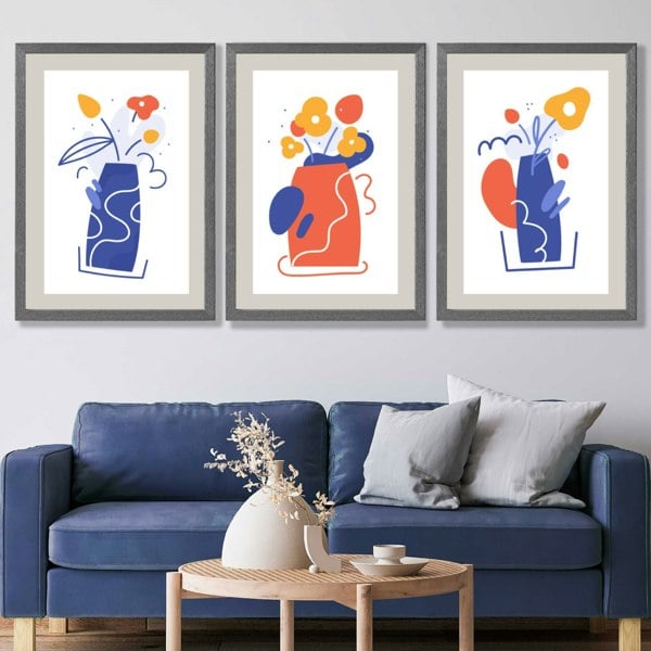 Boho Minimal Floral Blue Orange Set of 3 Framed Art Prints with Grey Wooden Frames