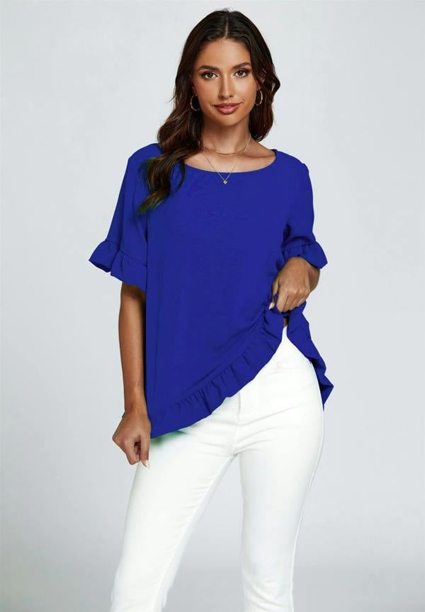 FS Collection Frill Detail Short Sleeves Top In Royal Blue