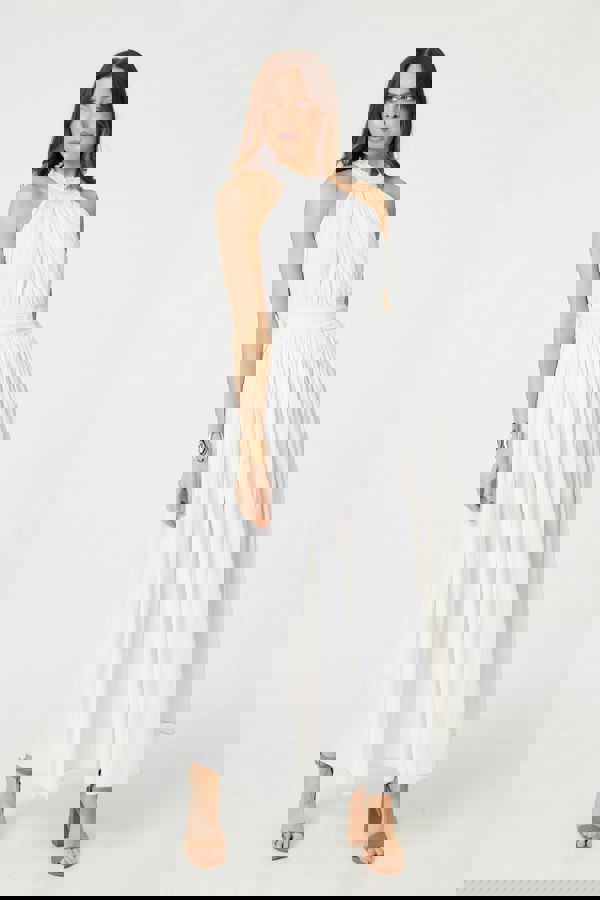 White | Embroidered Trim Halter Neck Maxi Dress
