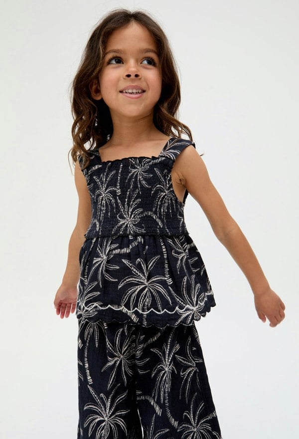 Kids Sia Shirred Floral Print Co-Ord top and trouser Set In Black - image 3