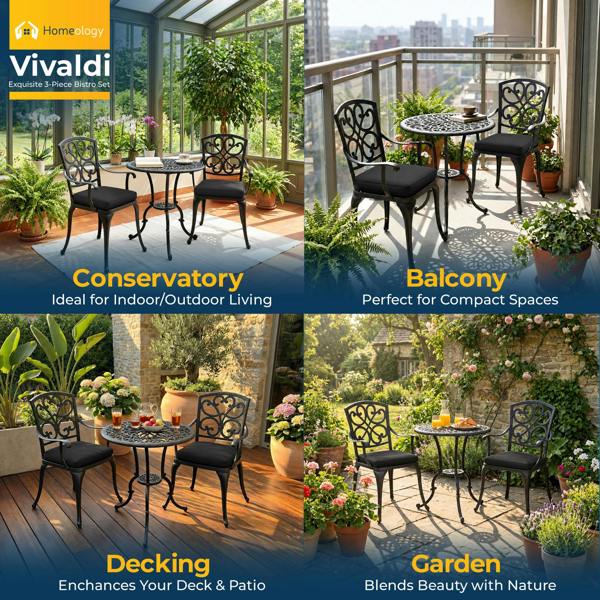 Homeology VIVALDI Black 3-Piece Cast Aluminium Garden Bistro Set - with Black Cushions