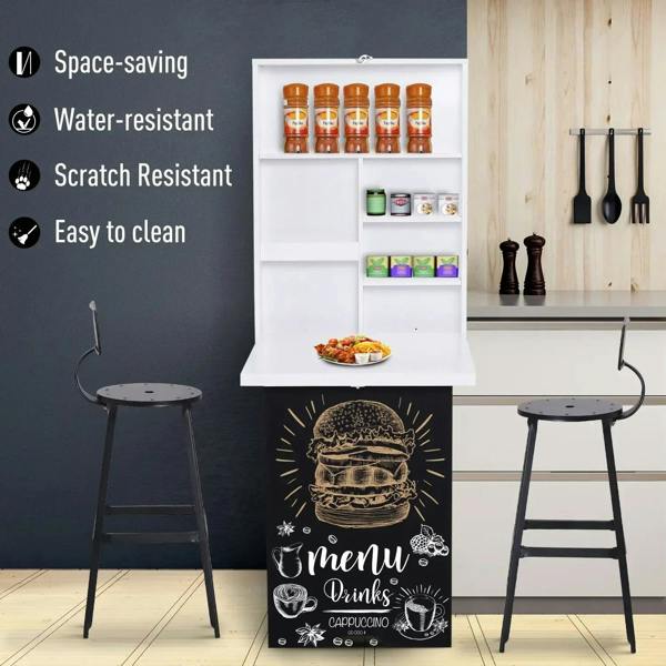 White wall-mounted table with open chalkboard and storage shelf, view from front.