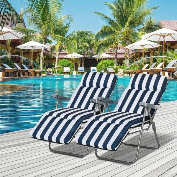 Bobobiy 2Pc Folding Sun Loungers Set-Blue/White - Blue