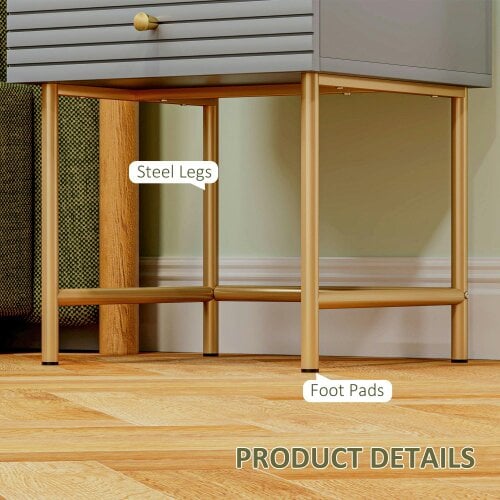 Wyld Haus Lika Set Of 2 Grey And Gold Elegant Bedside Tables Ribbed Drawers