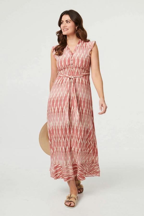 Pink | Abstract Cap Sleeve Frill Maxi Dress