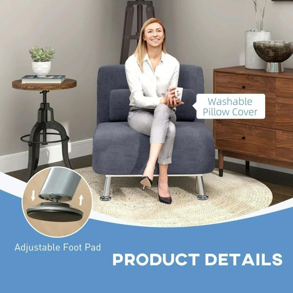 Charcoal grey sleeper chair with padded pillow back and adjustable foot pads