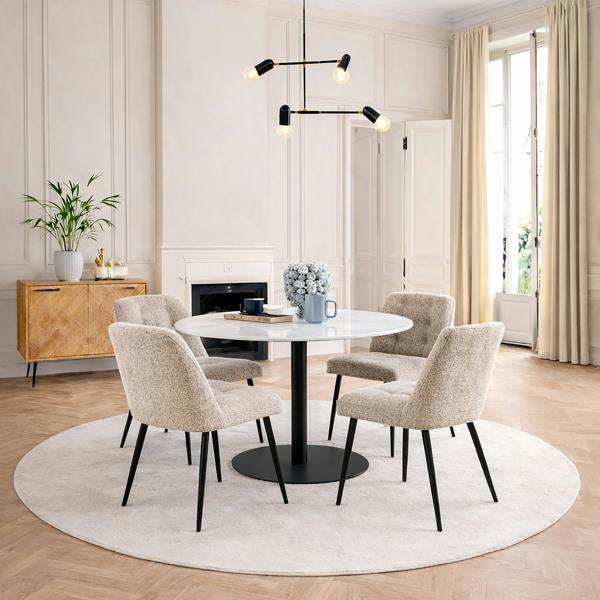 Furniture To Go Corby Round Dining Table with White Polished Marble Top & Black Base includes 4 Brooke Dining Chairs in Beige