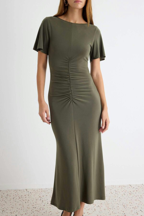 WOVCOR Boat Neck Short Sleeve Ruched Midi Bodycon Dress