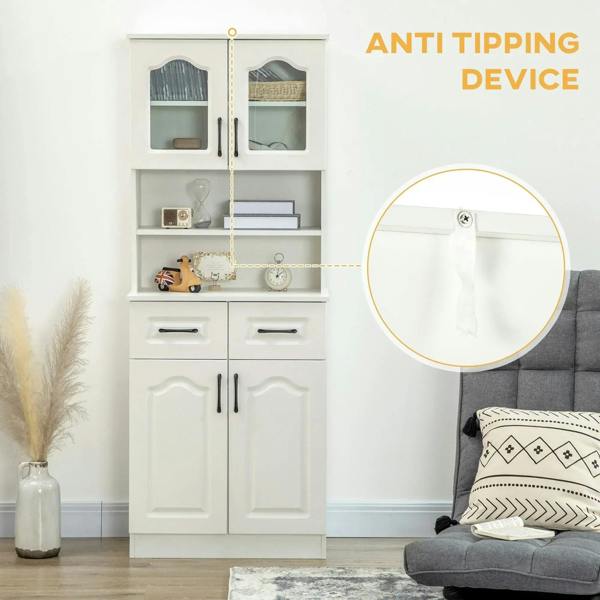 White kitchen cabinet with open top shelves and doors, with anti-tip mounting bracket