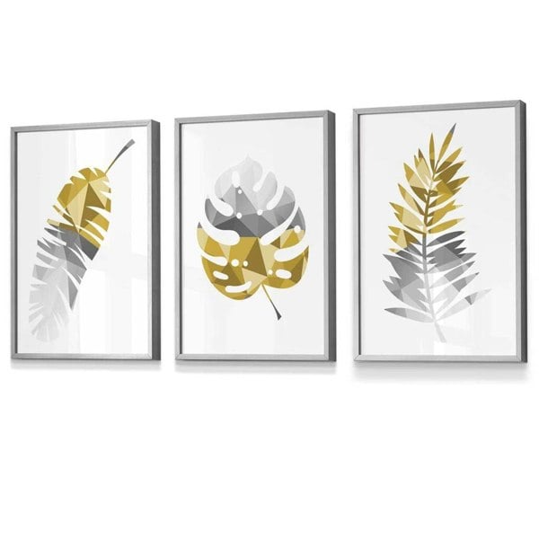 Set of 3 Geometric Yellow Grey Tropical Leaves Wall Art Framed / Prints | Artze Wall Art UK