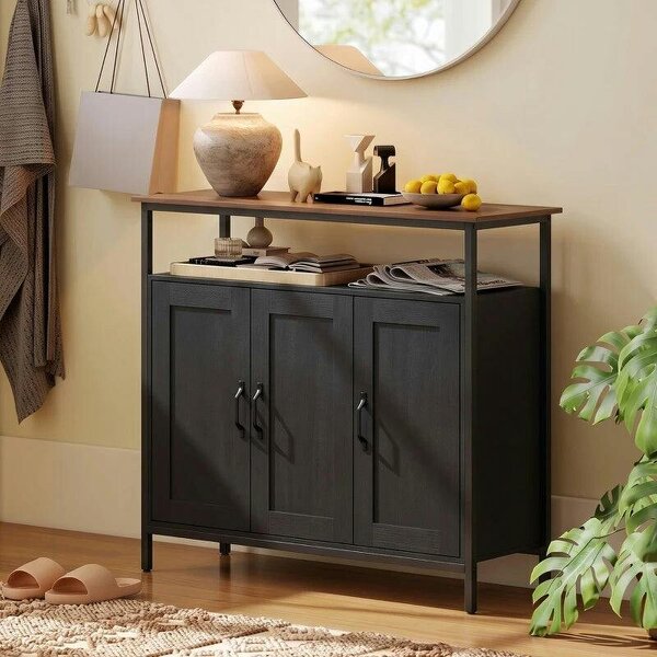 Industrial Kitchen Sideboard with Open Shelf, 2 Cabinets, Adjustable Shelves for Living Room, Dining Room, Black