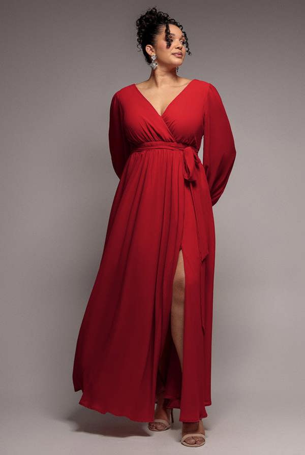 Wrap Back With Front Slit Chiffon Maxi Dress - Red DR2800P