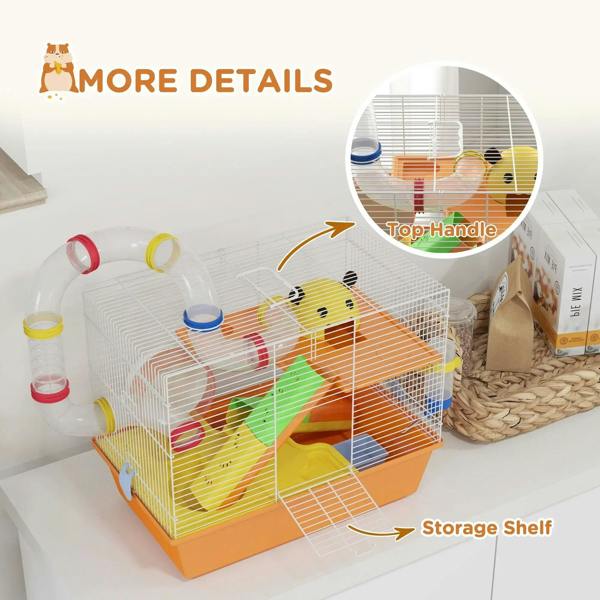 Orange gerbil cage with top handle and side storage shelf, multi-tier tubes inside