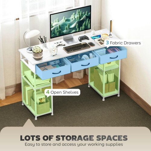 Wyld Haus Riba 120cm Wooden White Home Office Desk With Power Sockets 3 Fabric Drawers And Storage Shelves 120 cm