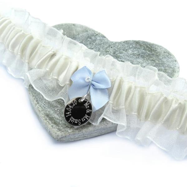 Personalised Wedding Garter UK, Something Blue Bridal Garter with Engraved Charm