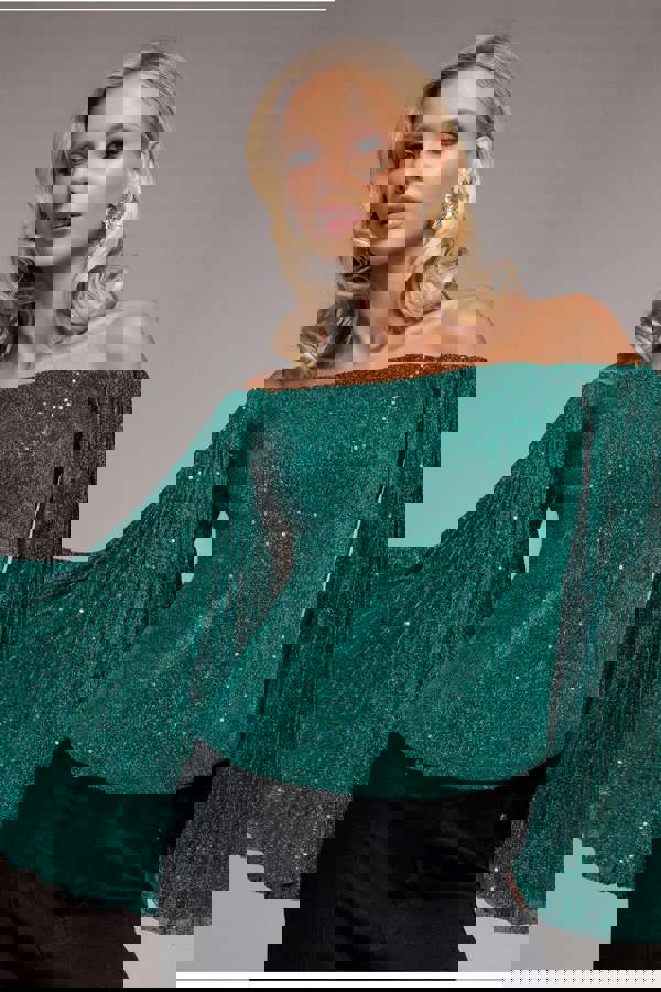 Sequin Lurex Bardot Pleated Sleeve Top - Teal Blue T205